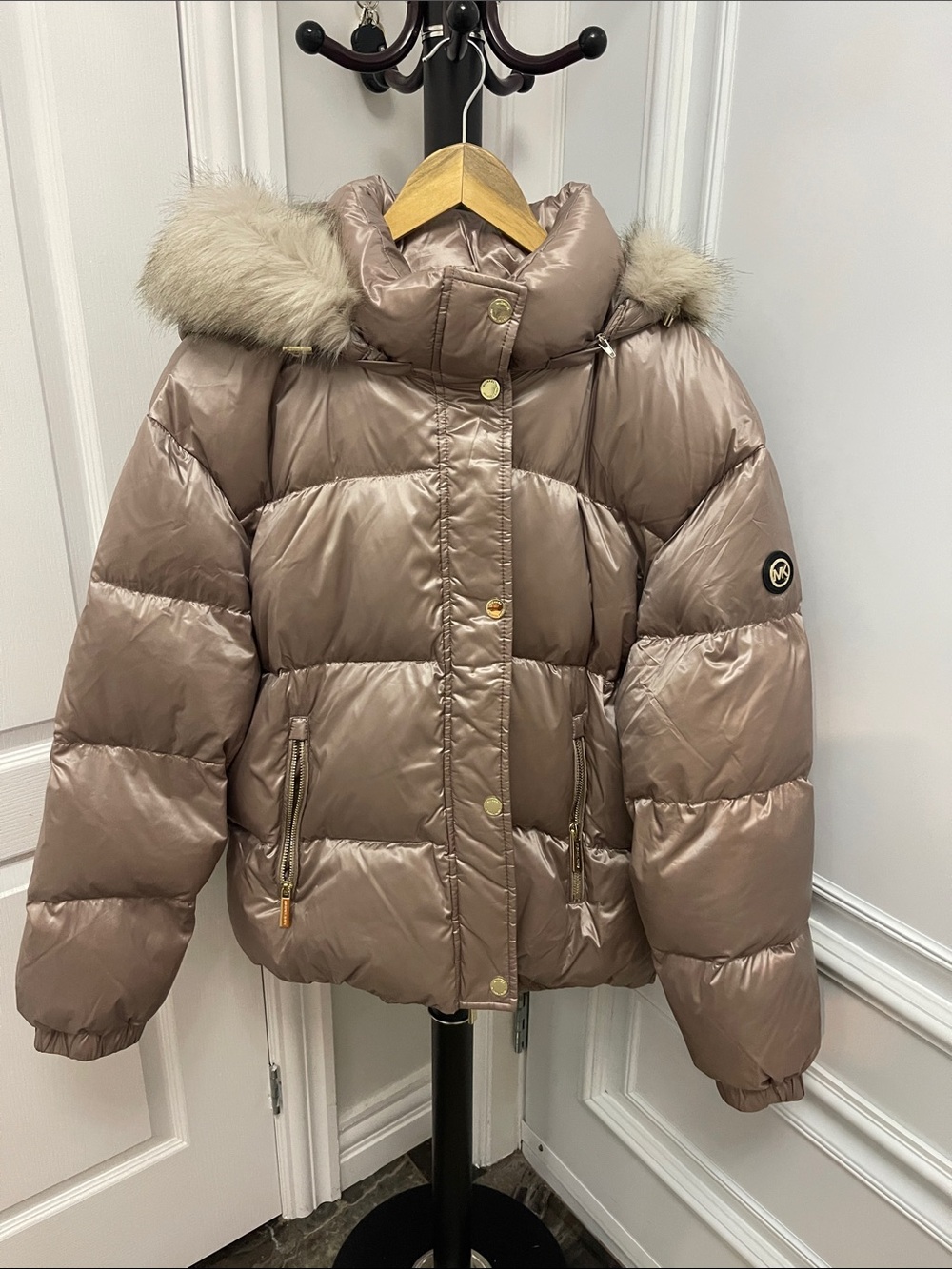 Michael Kors Shiny Taupe Puffer Jacket with Faux Fur Hood